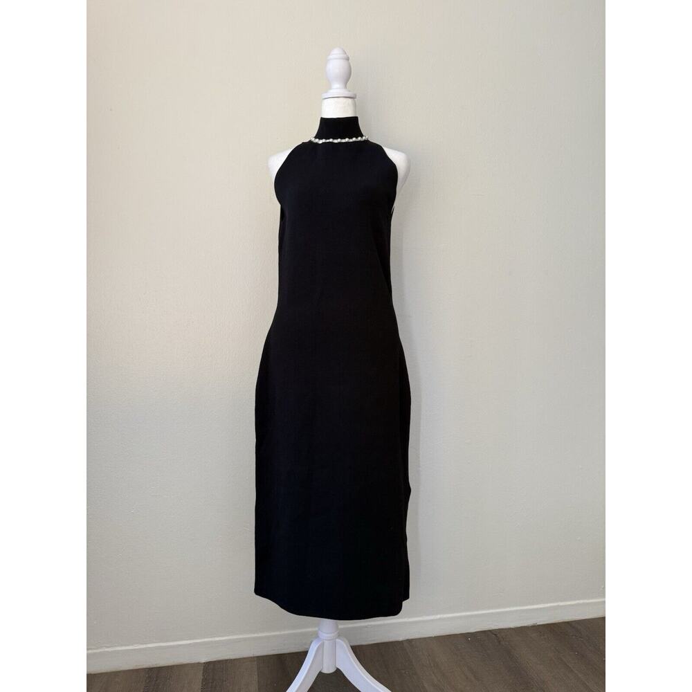 Camila Coelho Black Stretch Pearl Mock Neck Sheath Dress Size Medium Nwt